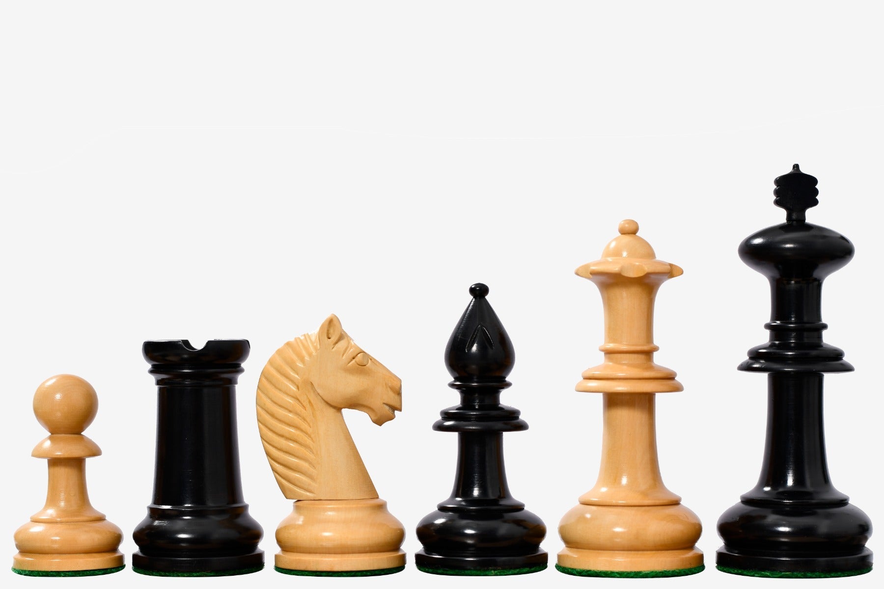 Sterling Chess 19th Century Austrian Antique chess pieces in ebonised and natural boxwood, 108mm king