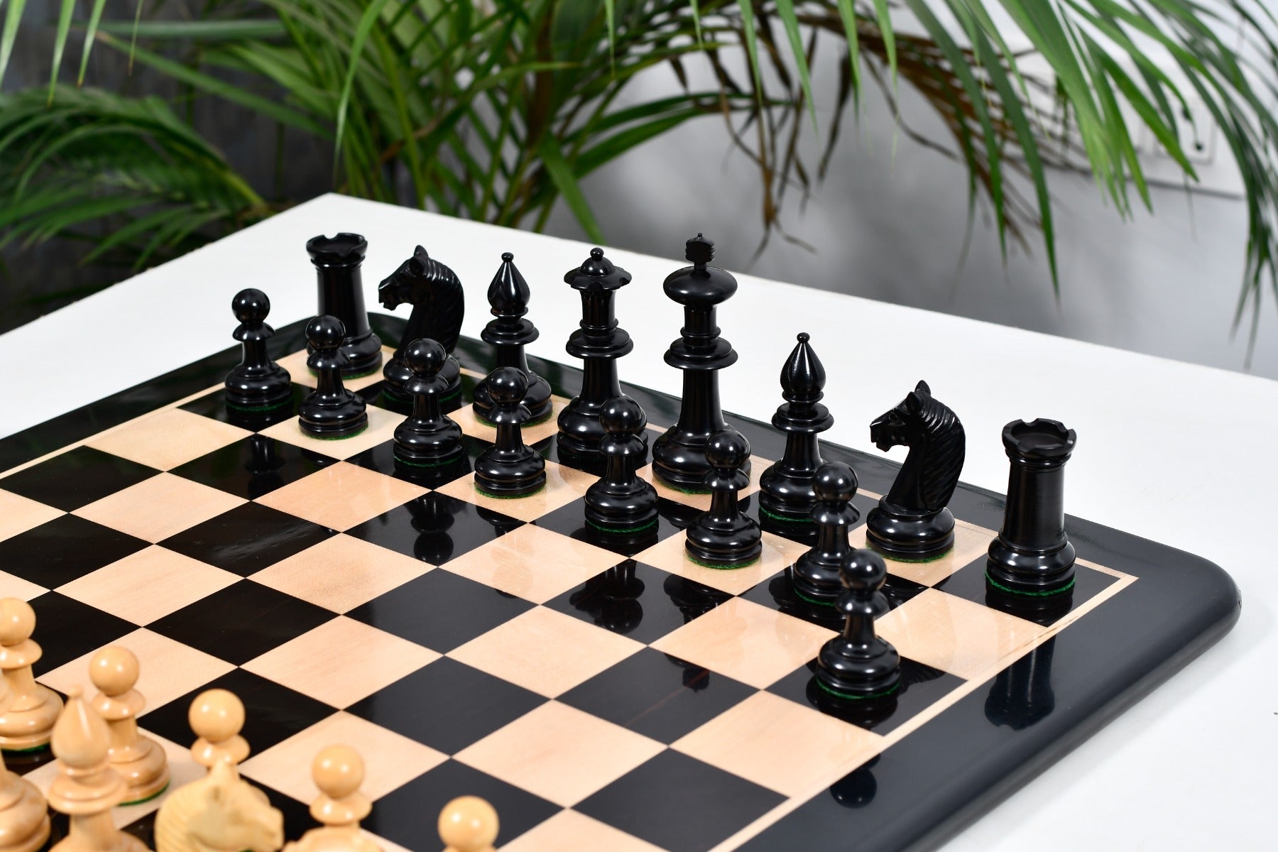 19th Century Austrian Antique wooden chess pieces, 108mm king, natural boxwood light side