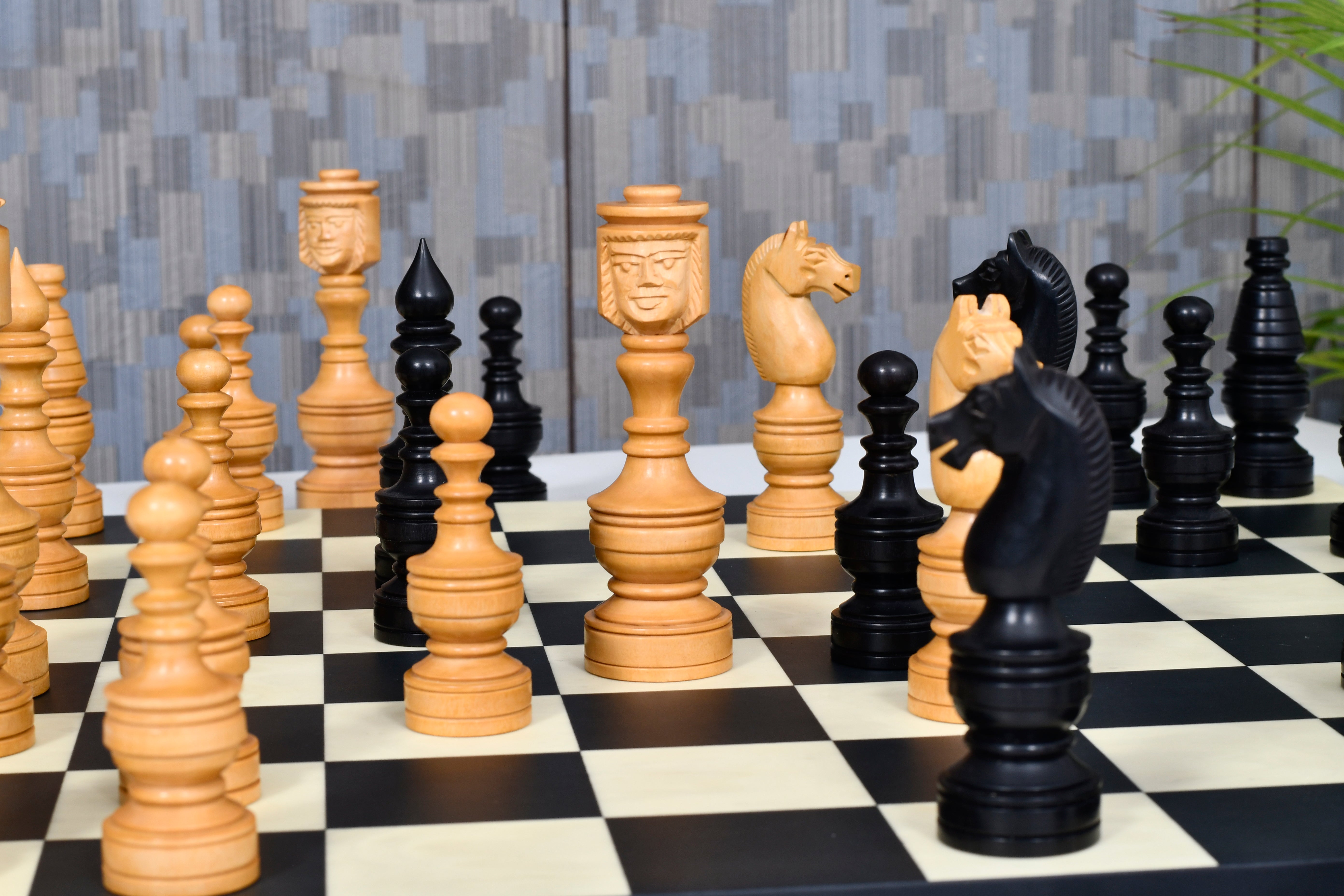 Northern Traditional Art Collector Edition Carved Queen Face Ebonised chess pieces, weighted with green felt bases