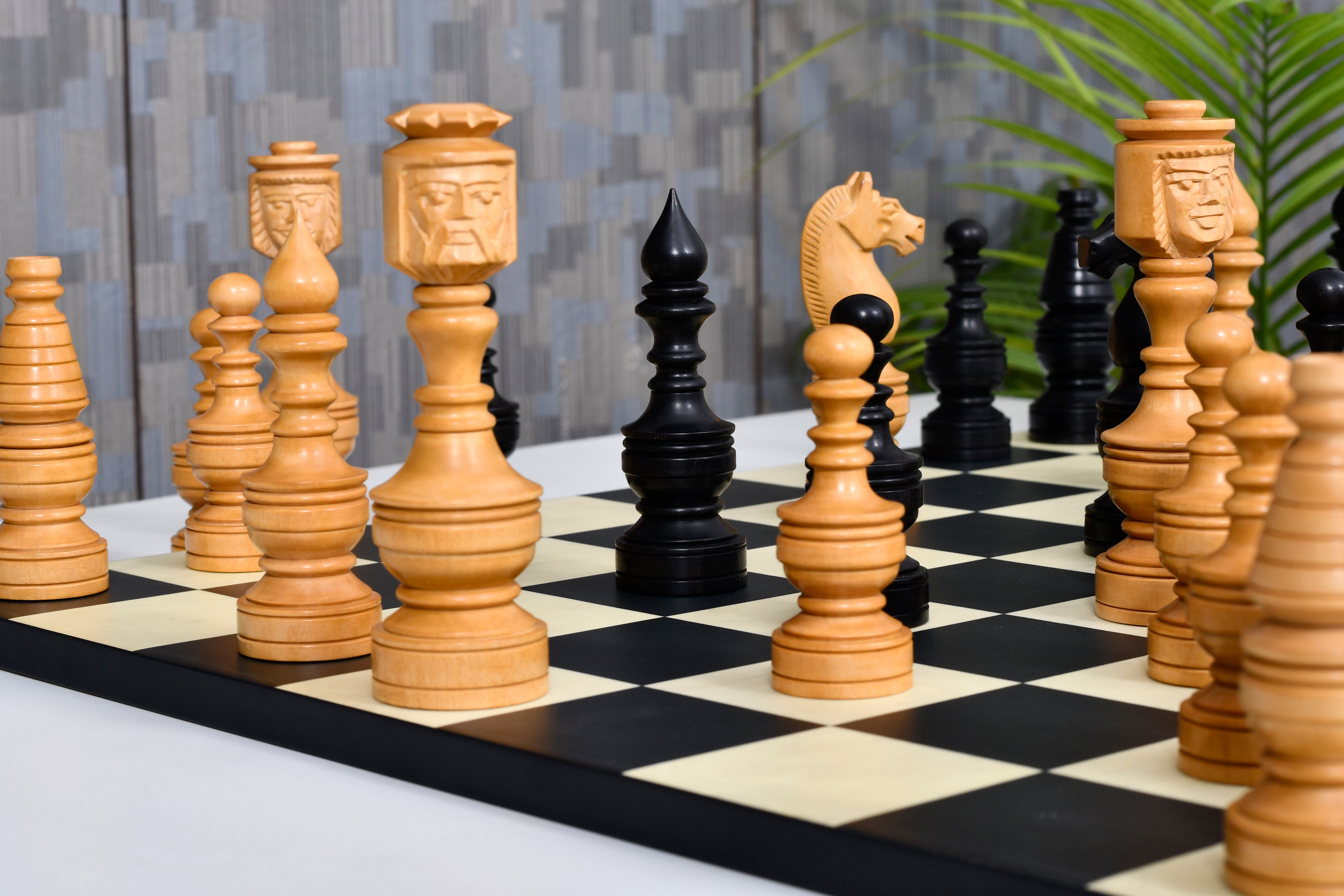 Northern Traditional Art Collector Edition Carved Queen Face Ebonised wooden chess pieces, 130mm king, Australia