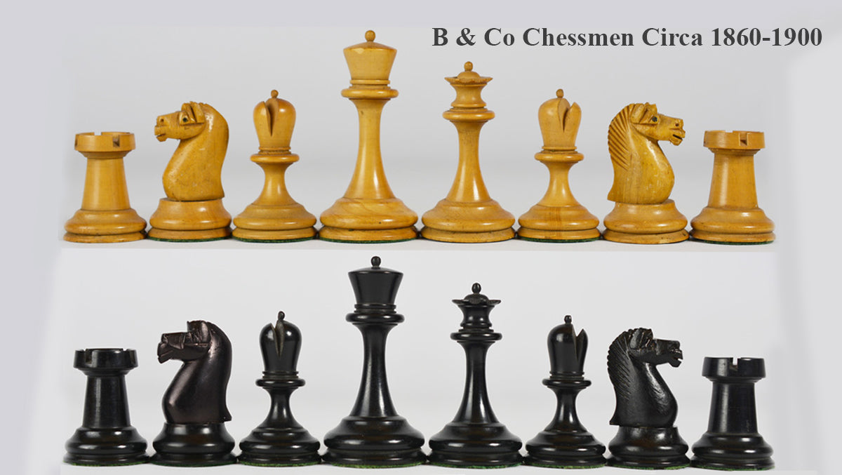 Knight carving detail on the B and Co 1860s Antique chess pieces in genuine ebony and antiqued boxwood