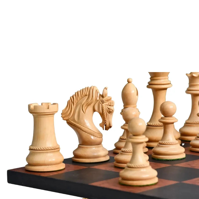 Chess Bazaar Excalibur Series Chess Pieces (Bud Rosewood/Boxwood) With 48cm Black Anigre & Red Ash Burl Borderless Chess Board