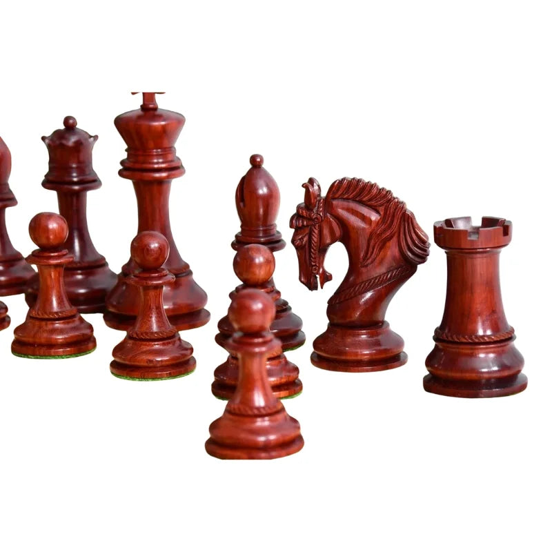 Chess Bazaar Excalibur Luxury Artisan Series Chess Pieces (Bud Rosewood/Boxwood) With 48cm Red Ash Burl & Maple Borderless Chess Board