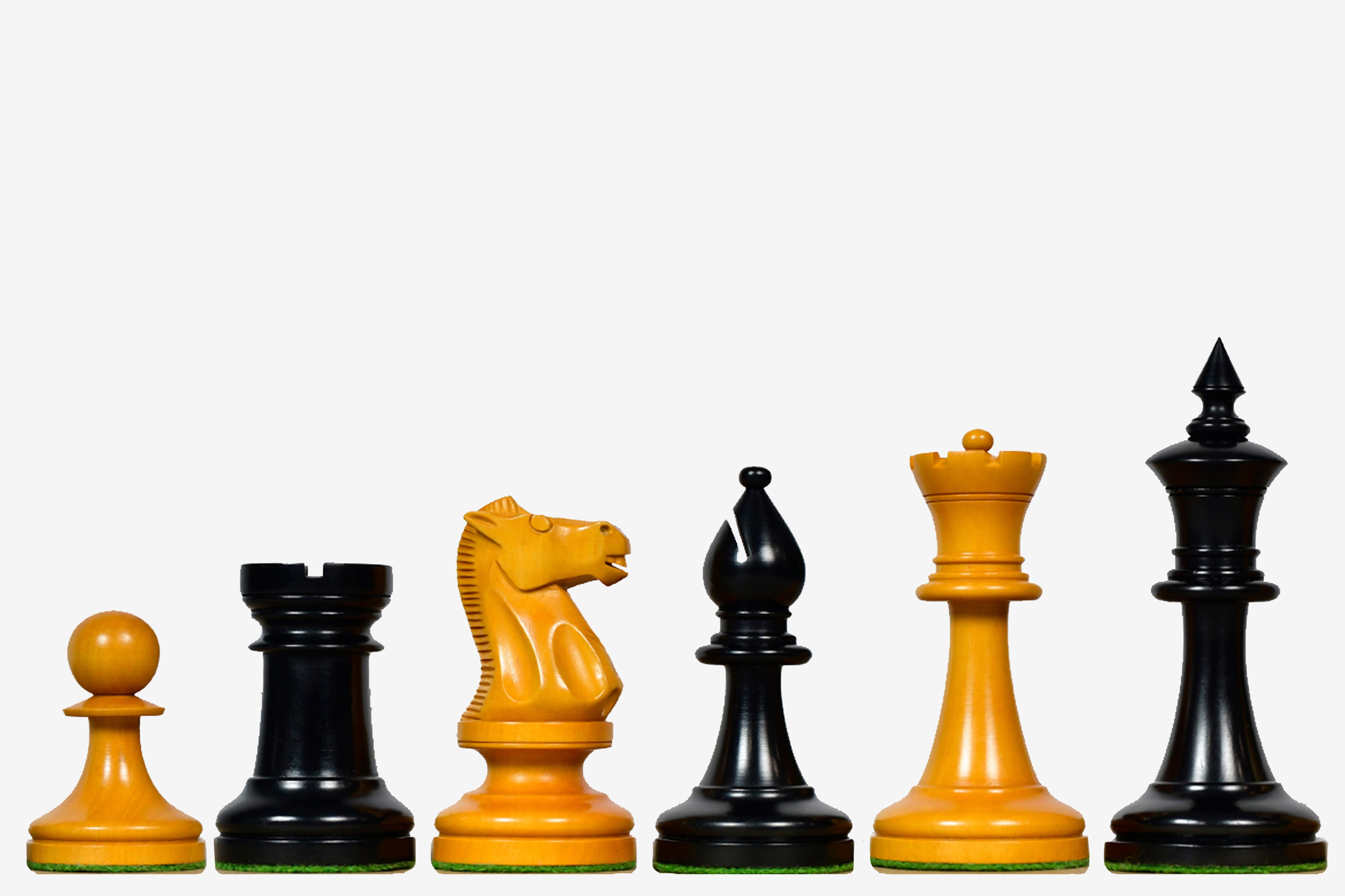 Sterling Chess 1904 Cambridge Springs chess pieces in ebonised and natural boxwood, 101mm king