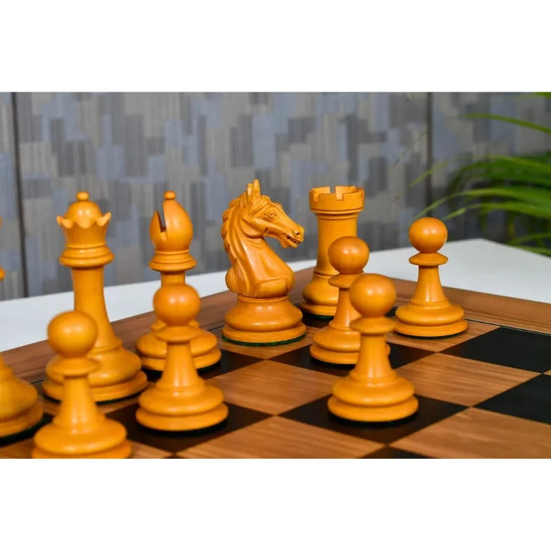 Chess Bazaar Ancient Indian Warrior Luxury Series Chess Pieces (Ebony/Antiqued Boxwood) With 55cm Black Dyed Poplar & Olive Chess Board