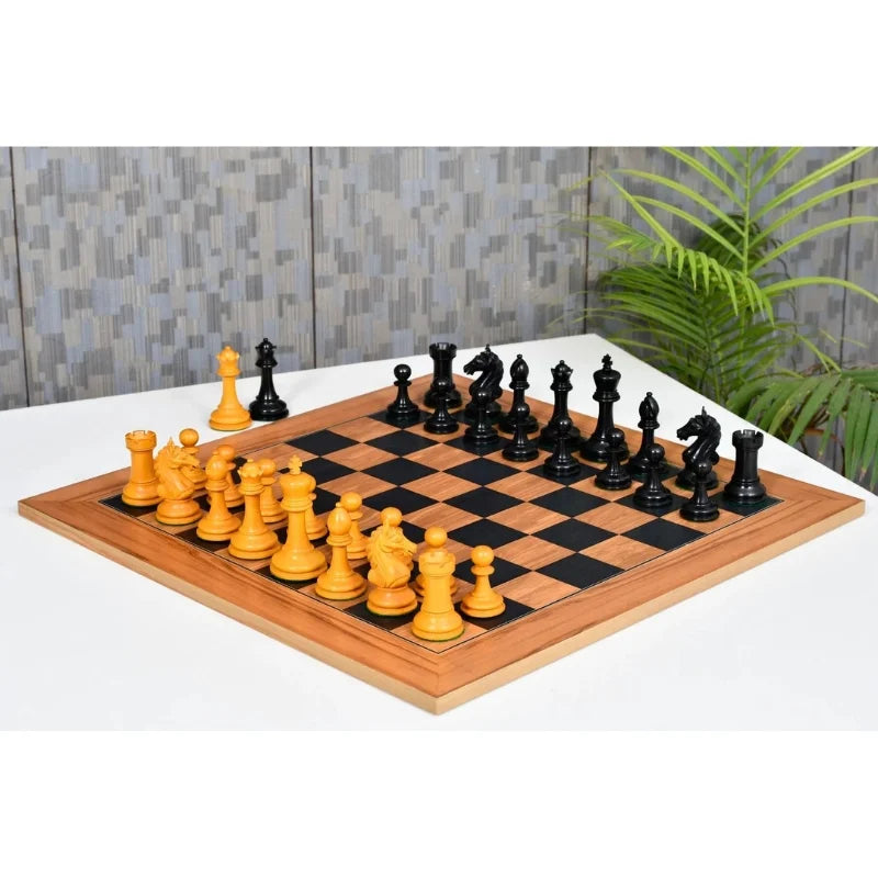 Chess Bazaar Ancient Indian Warrior Luxury Series Chess Pieces (Ebony/Antiqued Boxwood) With 55cm Black Dyed Poplar & Olive Chess Board