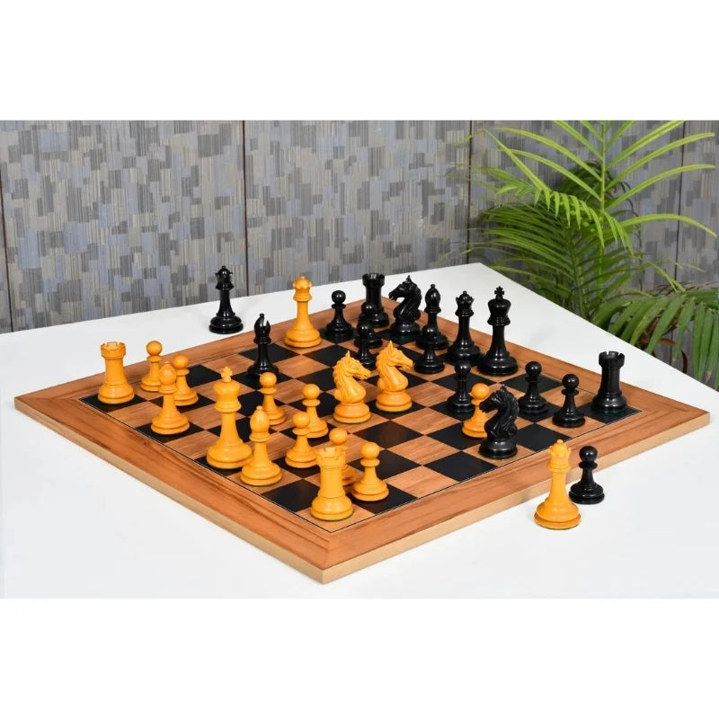 Chess Bazaar Ancient Indian Warrior Luxury Series Chess Pieces (Ebony/Antiqued Boxwood) With 55cm Black Dyed Poplar & Olive Chess Board