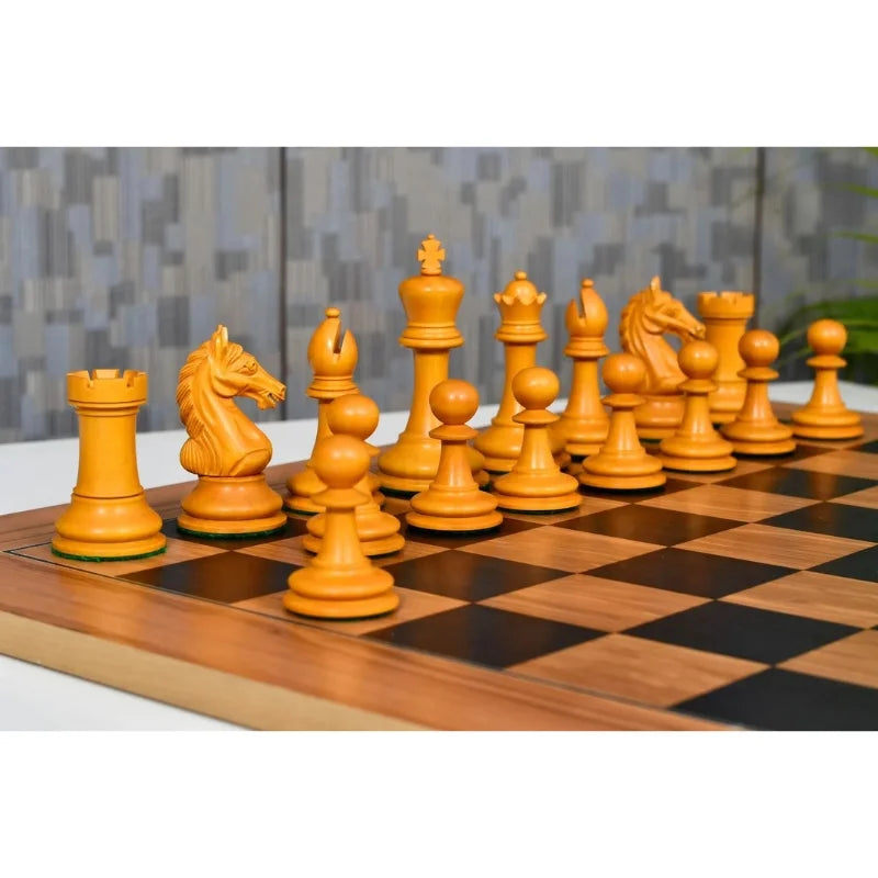 Chess Bazaar Ancient Indian Warrior Luxury Series Chess Pieces (Ebony/Antiqued Boxwood) With 55cm Black Dyed Poplar & Olive Chess Board