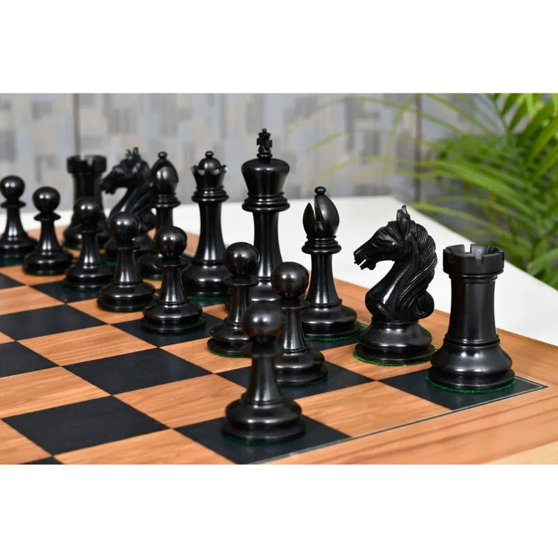 Chess Bazaar Ancient Indian Warrior Luxury Series Chess Pieces (Ebony/Antiqued Boxwood) With 55cm Black Dyed Poplar & Olive Chess Board