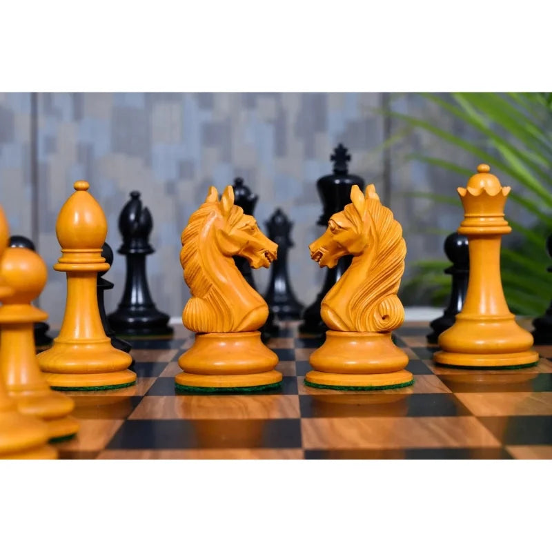 Chess Bazaar Ancient Indian Warrior Luxury Series Chess Pieces (Ebony/Antiqued Boxwood) With 55cm Black Dyed Poplar & Olive Chess Board