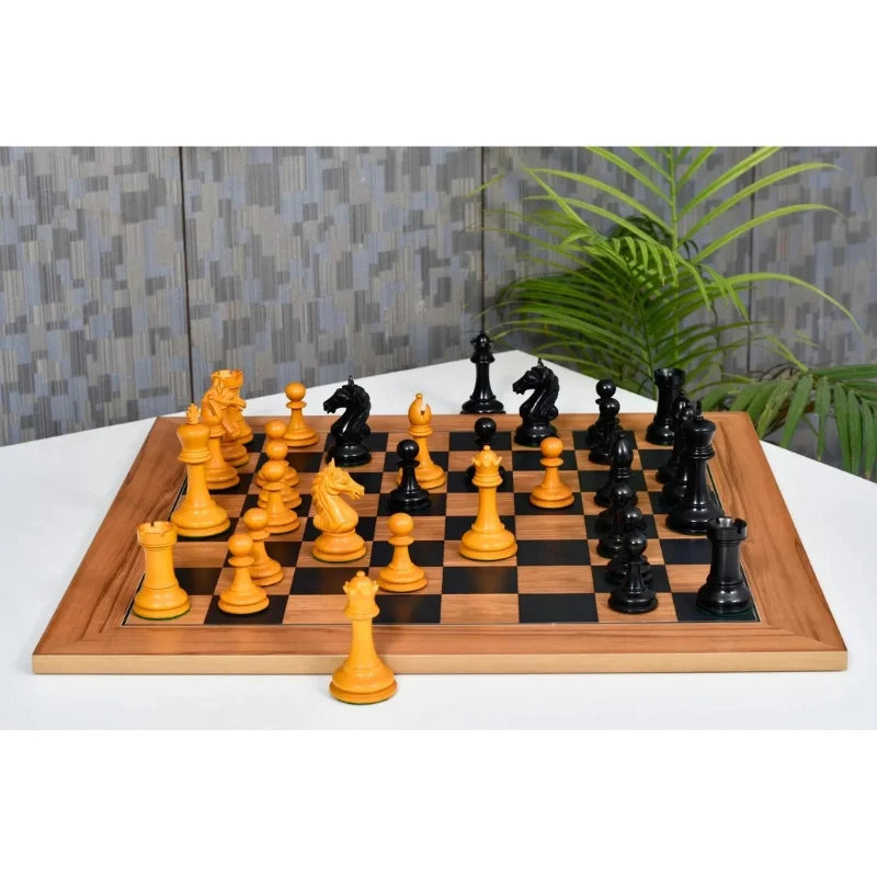 Chess Bazaar Ancient Indian Warrior Luxury Series Chess Pieces (Ebony/Antiqued Boxwood) With 55cm Black Dyed Poplar & Olive Chess Board