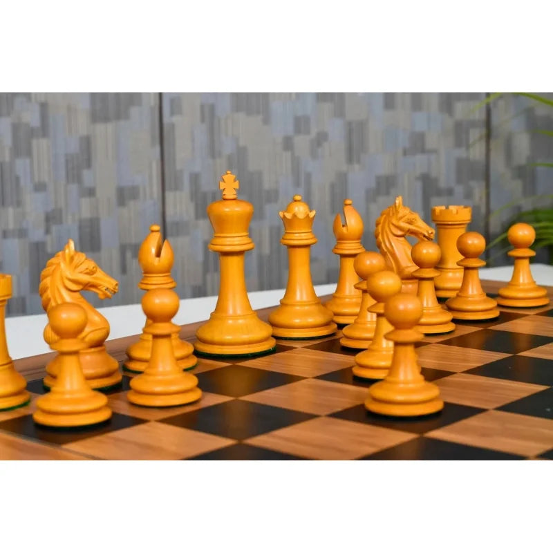 Chess Bazaar Ancient Indian Warrior Luxury Series Chess Pieces (Ebony/Antiqued Boxwood) With 55cm Black Dyed Poplar & Olive Chess Board