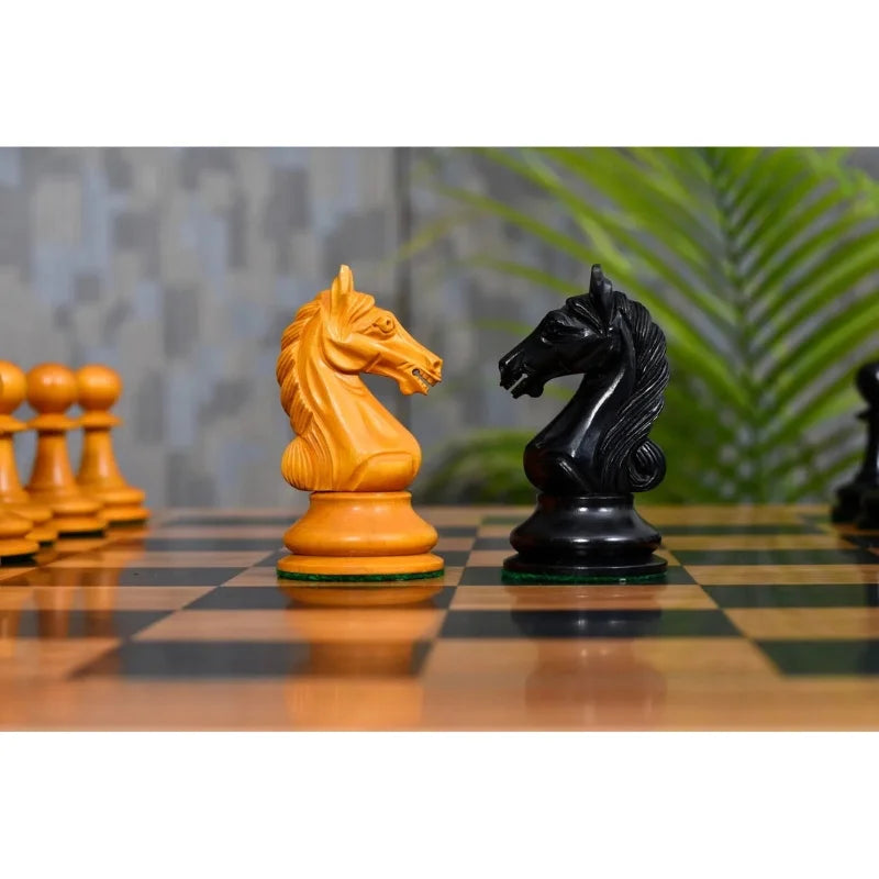 Chess Bazaar Ancient Indian Warrior Luxury Series Chess Pieces (Ebony/Antiqued Boxwood) With 55cm Black Dyed Poplar & Olive Chess Board