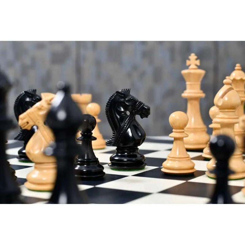 Chess Bazaar Bridle Series Chess Pieces (Ebony/Boxwood) With 60cm Black Anigre & Maple Chess Board