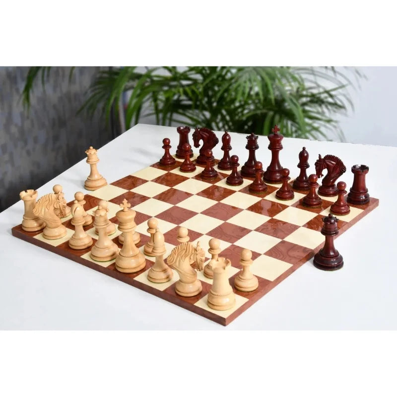 Chess Bazaar Excalibur Luxury Artisan Series Chess Pieces (Bud Rosewood/Boxwood) With 48cm Red Ash Burl & Maple Borderless Chess Board