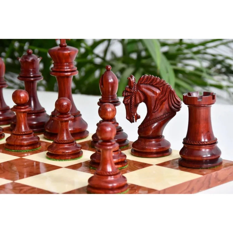 Chess Bazaar Excalibur Luxury Artisan Series Chess Pieces (Bud Rosewood/Boxwood) With 48cm Red Ash Burl & Maple Borderless Chess Board