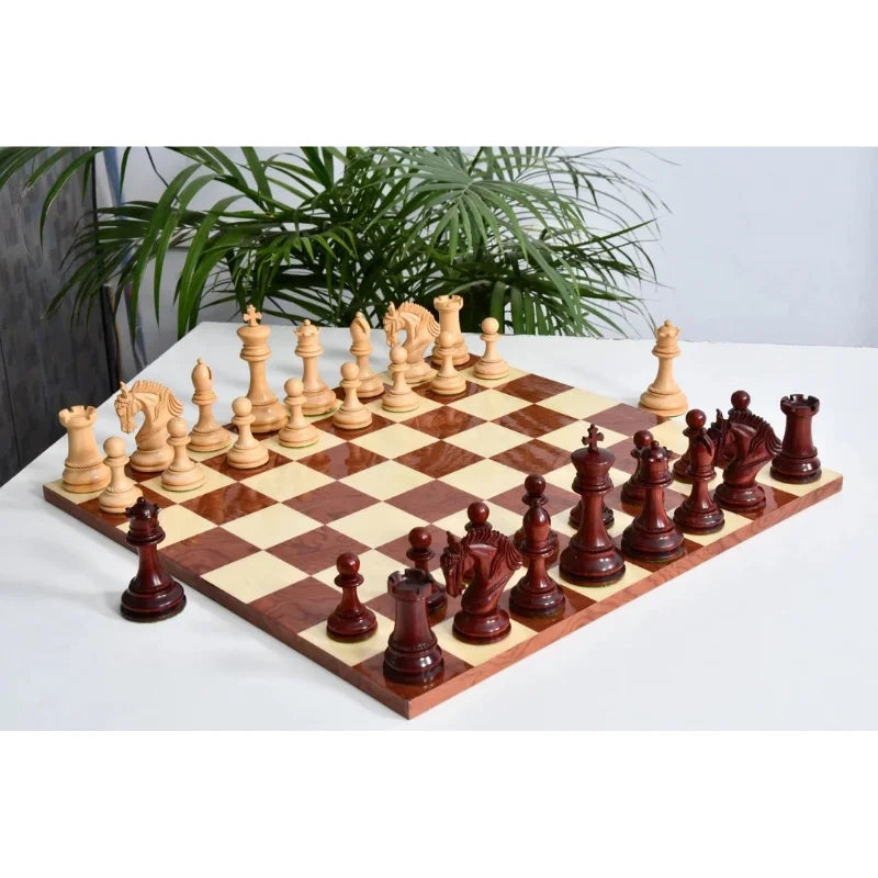 Chess Bazaar Excalibur Luxury Artisan Series Chess Pieces (Bud Rosewood/Boxwood) With 48cm Red Ash Burl & Maple Borderless Chess Board