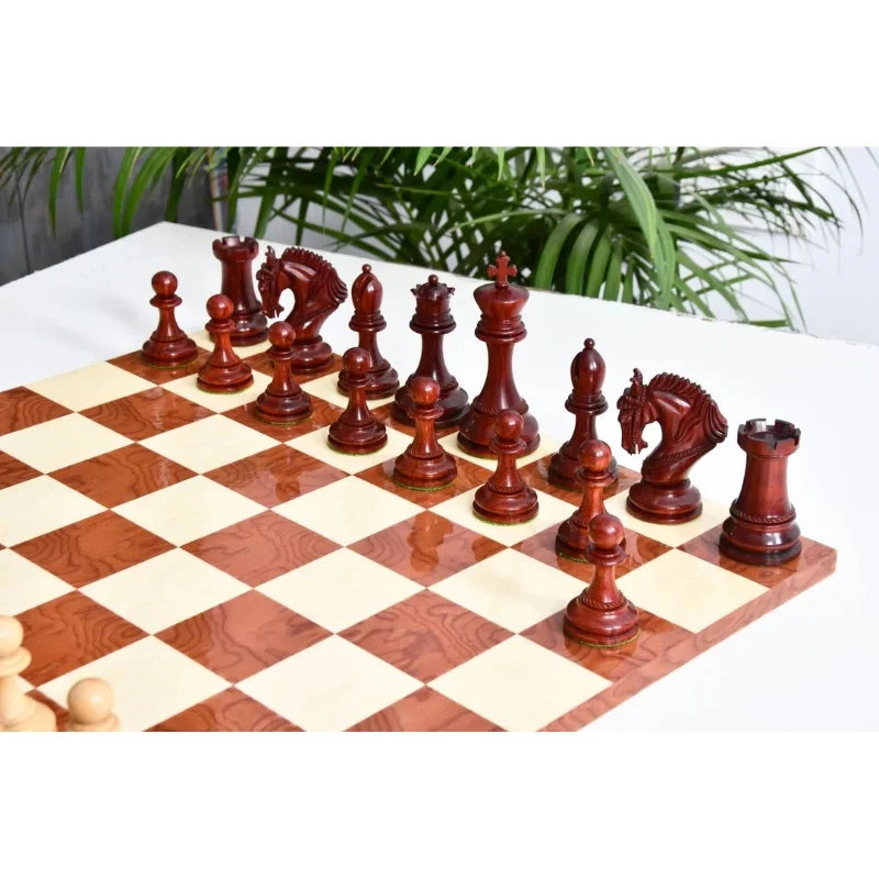 Chess Bazaar Excalibur Luxury Artisan Series Chess Pieces (Bud Rosewood/Boxwood) With 48cm Red Ash Burl & Maple Borderless Chess Board