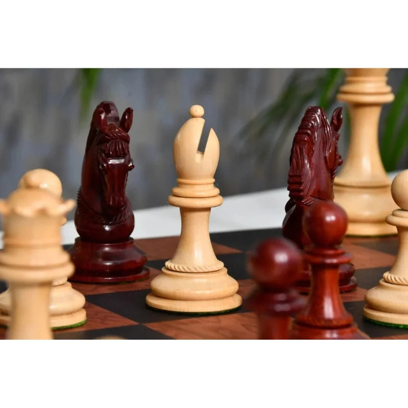 Chess Bazaar Excalibur Series Chess Pieces (Bud Rosewood/Boxwood) With 48cm Black Anigre & Red Ash Burl Borderless Chess Board
