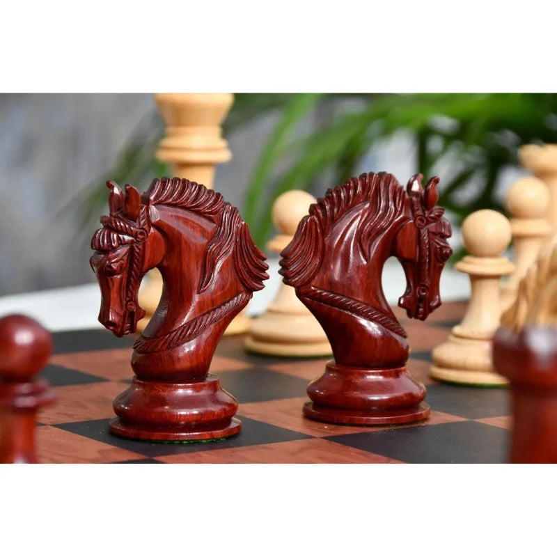 Chess Bazaar Excalibur Series Chess Pieces (Bud Rosewood/Boxwood) With 48cm Black Anigre & Red Ash Burl Borderless Chess Board