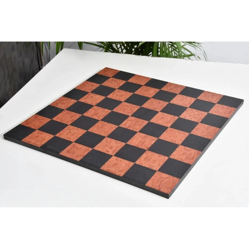 Chess Bazaar Excalibur Series Chess Pieces (Bud Rosewood/Boxwood) With 48cm Black Anigre & Red Ash Burl Borderless Chess Board