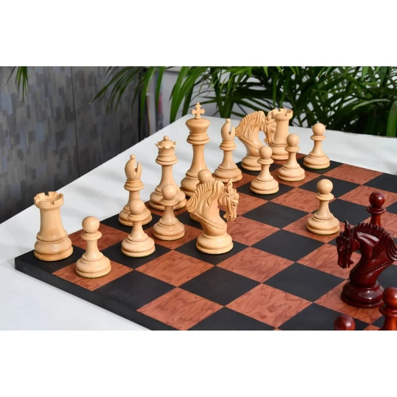 Chess Bazaar Excalibur Series Chess Pieces (Bud Rosewood/Boxwood) With 48cm Black Anigre & Red Ash Burl Borderless Chess Board