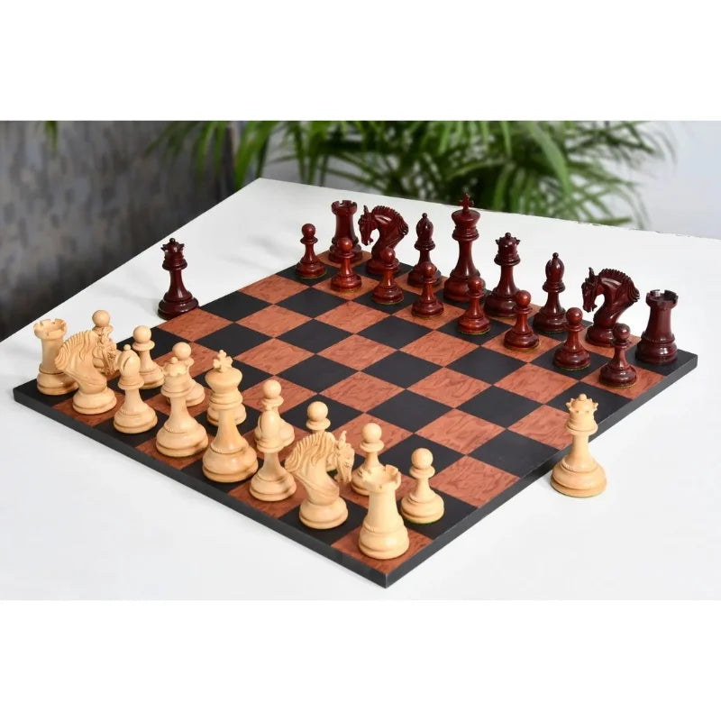 Chess Bazaar Excalibur Series Chess Pieces (Bud Rosewood/Boxwood) With 48cm Black Anigre & Red Ash Burl Borderless Chess Board