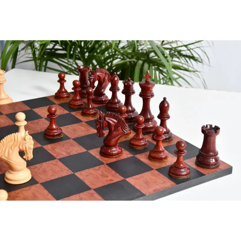 Chess Bazaar Excalibur Series Chess Pieces (Bud Rosewood/Boxwood) With 48cm Black Anigre & Red Ash Burl Borderless Chess Board
