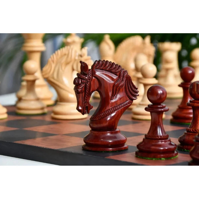 Chess Bazaar Excalibur Series Chess Pieces (Bud Rosewood/Boxwood) With 48cm Black Anigre & Red Ash Burl Borderless Chess Board