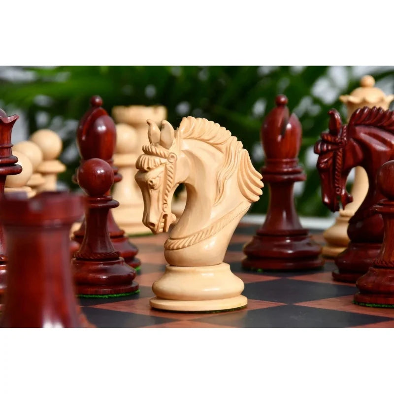 Chess Bazaar Excalibur Series Chess Pieces (Bud Rosewood/Boxwood) With 48cm Black Anigre & Red Ash Burl Borderless Chess Board