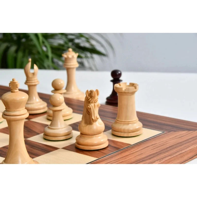 Chess Bazaar Imperial Collector Series Chess Pieces V2 (Bud Rosewood/Boxwood) With 55cm Santos Palisander & Sycamore Chess Board