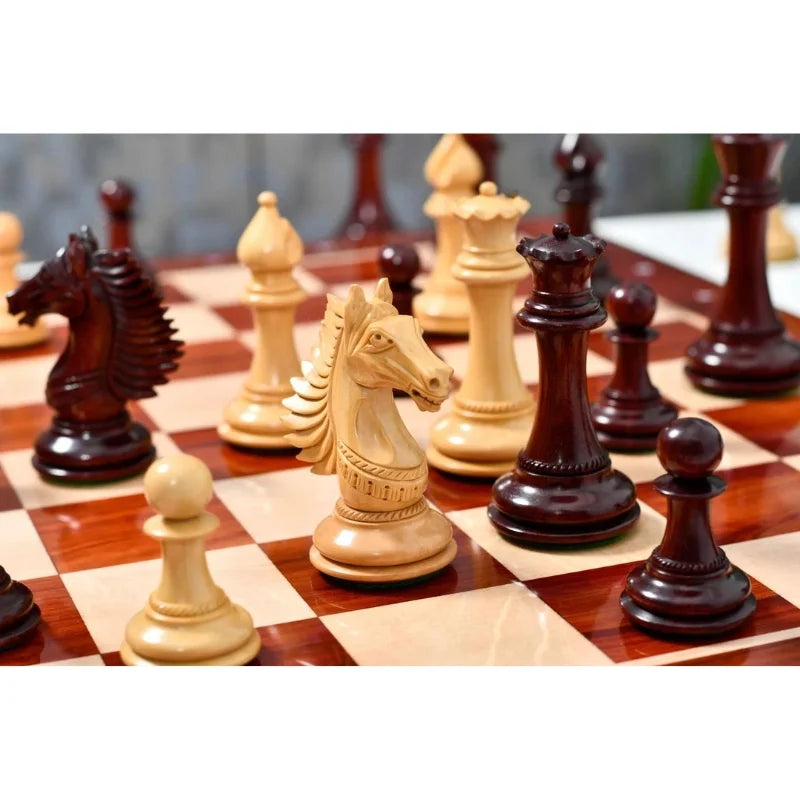 Chess Bazaar Mustang Series Chess Pieces (Bud Rosewood/Boxwood) With 58cm Bud Rosewood & Boxwood Notation Chess Board