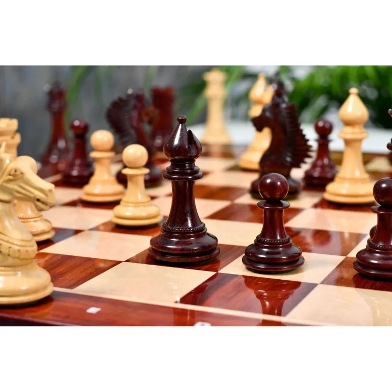 Chess Bazaar Mustang Series Chess Pieces (Bud Rosewood/Boxwood) With 58cm Bud Rosewood & Boxwood Notation Chess Board