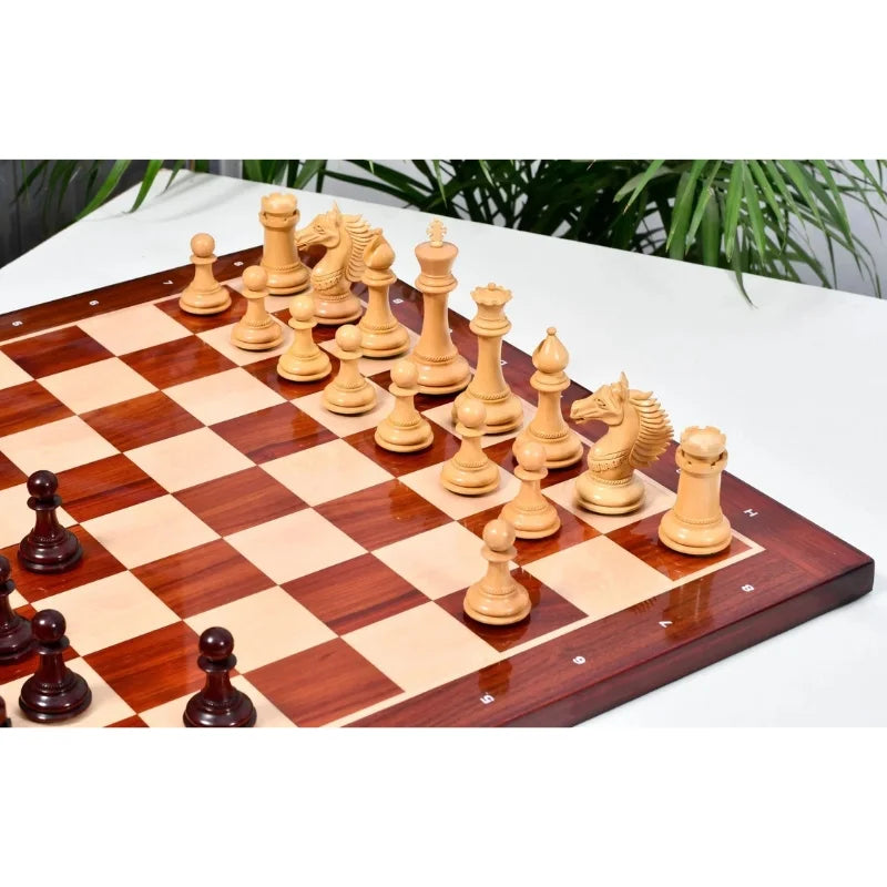 Chess Bazaar Mustang Series Chess Pieces (Bud Rosewood/Boxwood) With 58cm Bud Rosewood & Boxwood Notation Chess Board