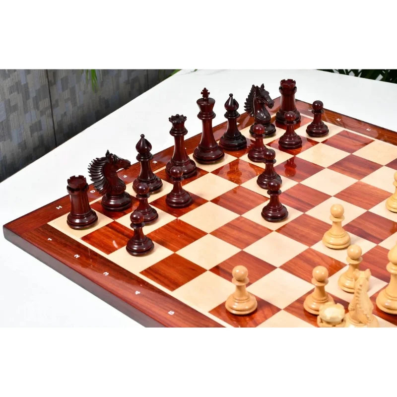Chess Bazaar Mustang Series Chess Pieces (Bud Rosewood/Boxwood) With 58cm Bud Rosewood & Boxwood Notation Chess Board