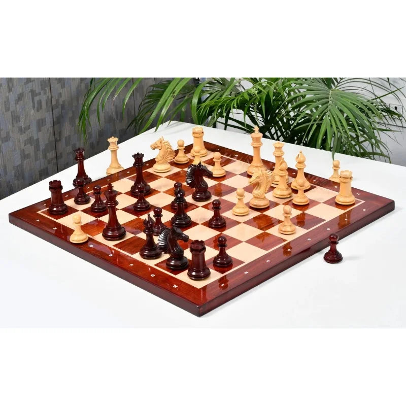 Chess Bazaar Mustang Series Chess Pieces (Bud Rosewood/Boxwood) With 58cm Bud Rosewood & Boxwood Notation Chess Board
