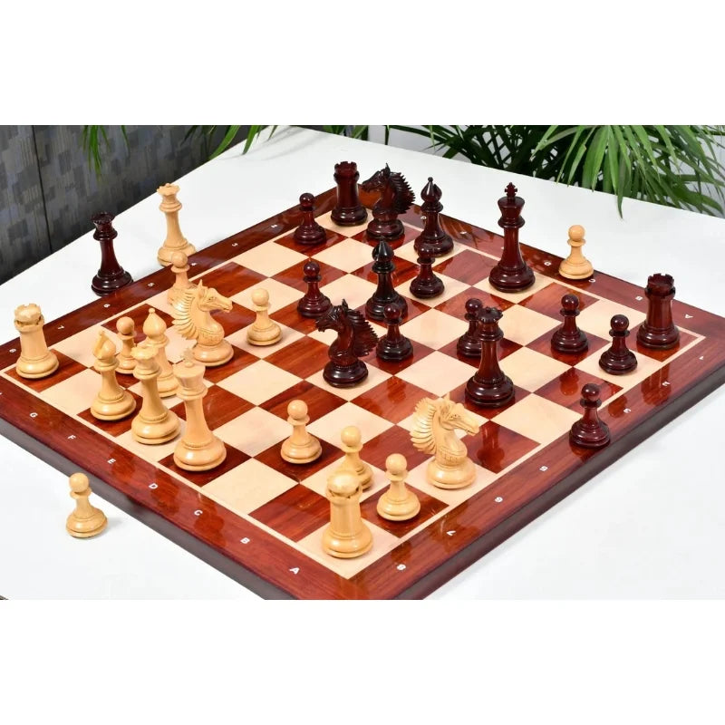 Chess Bazaar Mustang Series Chess Pieces (Bud Rosewood/Boxwood) With 58cm Bud Rosewood & Boxwood Notation Chess Board