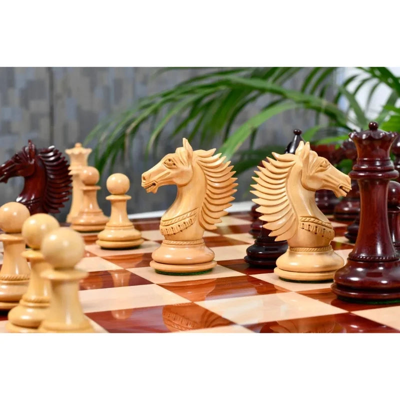 Chess Bazaar Mustang Series Chess Pieces (Bud Rosewood/Boxwood) With 58cm Bud Rosewood & Boxwood Notation Chess Board