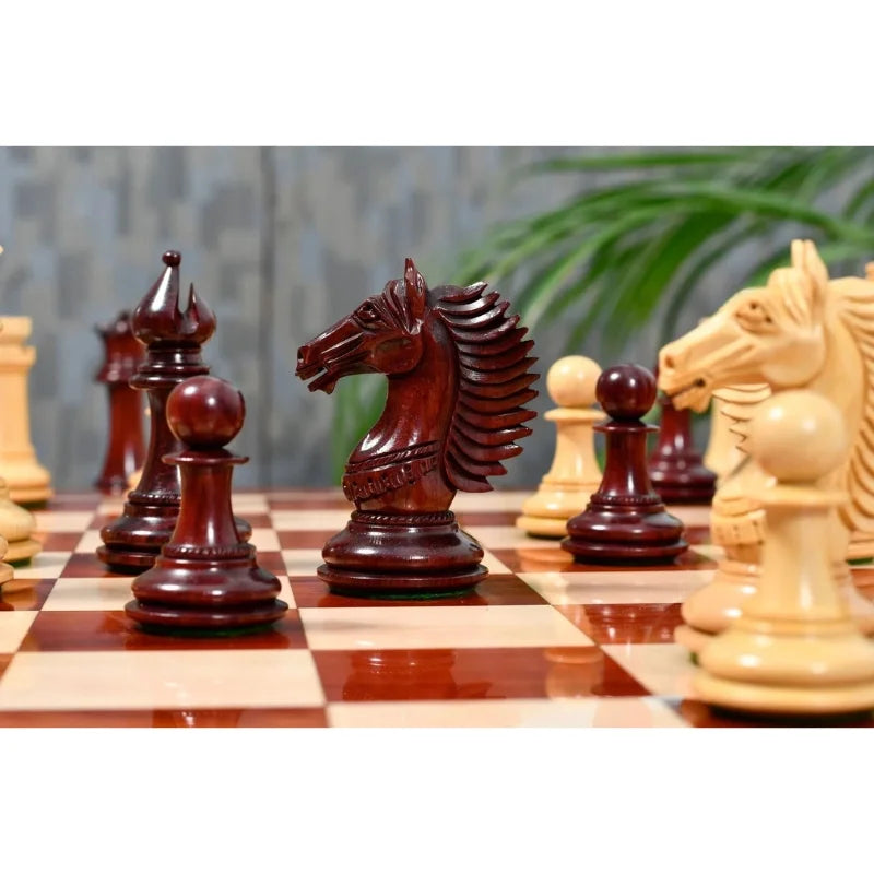 Chess Bazaar Mustang Series Chess Pieces (Bud Rosewood/Boxwood) With 58cm Bud Rosewood & Boxwood Notation Chess Board