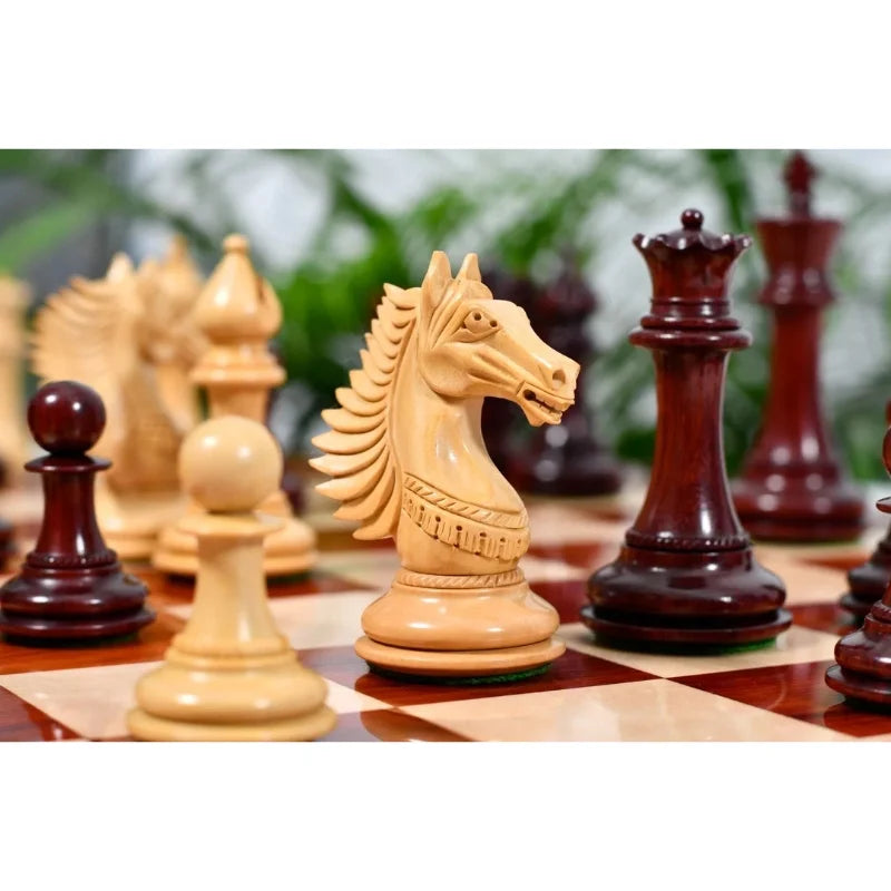 Chess Bazaar Mustang Series Chess Pieces (Bud Rosewood/Boxwood) With 58cm Bud Rosewood & Boxwood Notation Chess Board