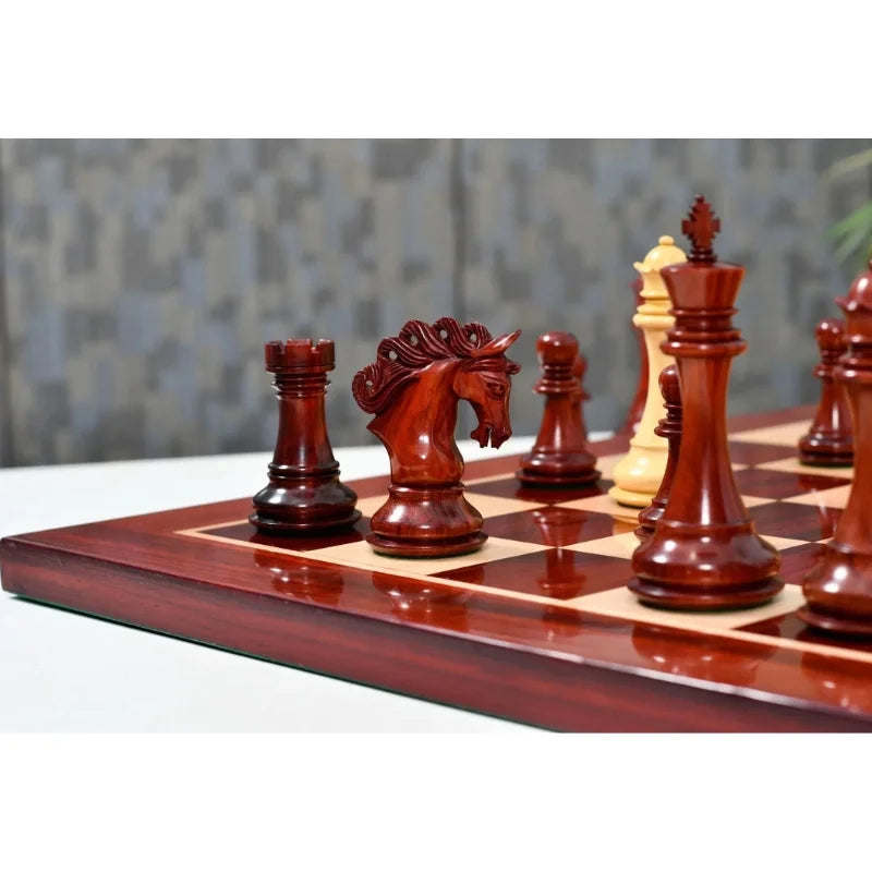 Chess Bazaar Pegasus Series Chess Set V2 (Padauk Wood/Boxwood) With 58cm Red Ash Burl & Maple Chess Board