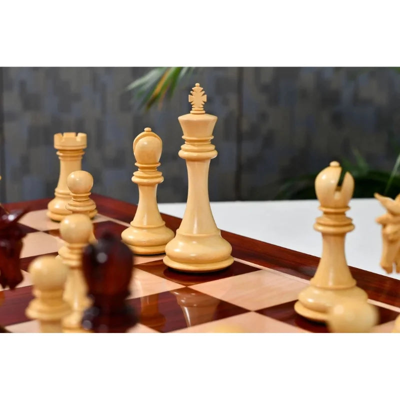 Chess Bazaar Pegasus Series Chess Set V2 (Padauk Wood/Boxwood) With 58cm Red Ash Burl & Maple Chess Board