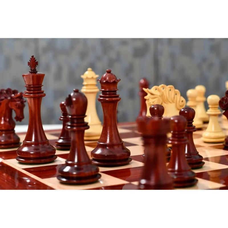 Chess Bazaar Pegasus Series Chess Set V2 (Padauk Wood/Boxwood) With 58cm Red Ash Burl & Maple Chess Board