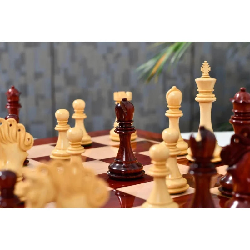 Chess Bazaar Pegasus Series Chess Set V2 (Padauk Wood/Boxwood) With 58cm Red Ash Burl & Maple Chess Board