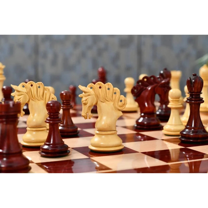 Chess Bazaar Pegasus Series Chess Set V2 (Padauk Wood/Boxwood) With 58cm Red Ash Burl & Maple Chess Board