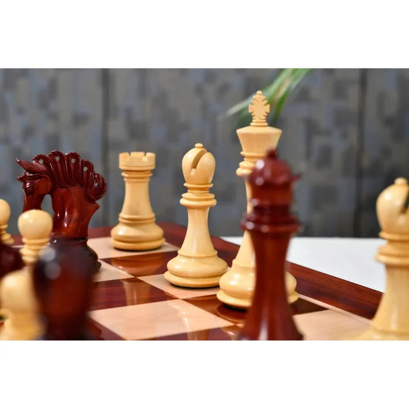Chess Bazaar Pegasus Series Chess Set V2 (Padauk Wood/Boxwood) With 58cm Red Ash Burl & Maple Chess Board
