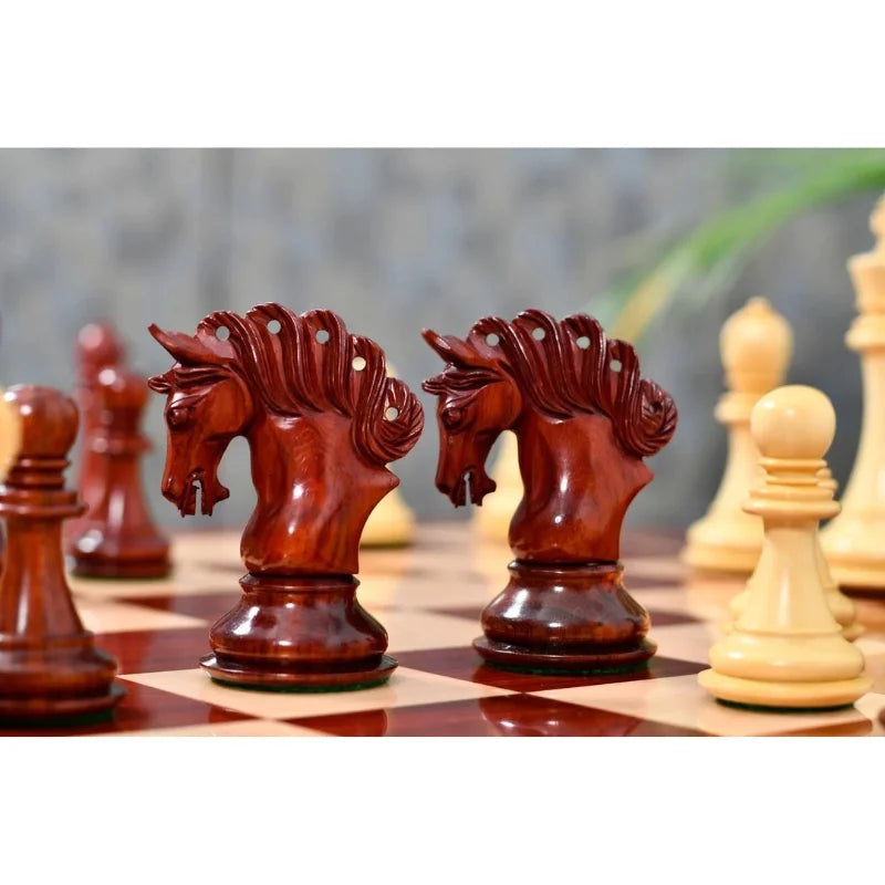 Chess Bazaar Pegasus Series Chess Set V2 (Padauk Wood/Boxwood) With 58cm Red Ash Burl & Maple Chess Board