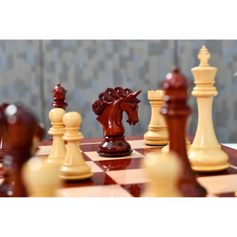 Chess Bazaar Pegasus Series Chess Set V2 (Padauk Wood/Boxwood) With 58cm Red Ash Burl & Maple Chess Board