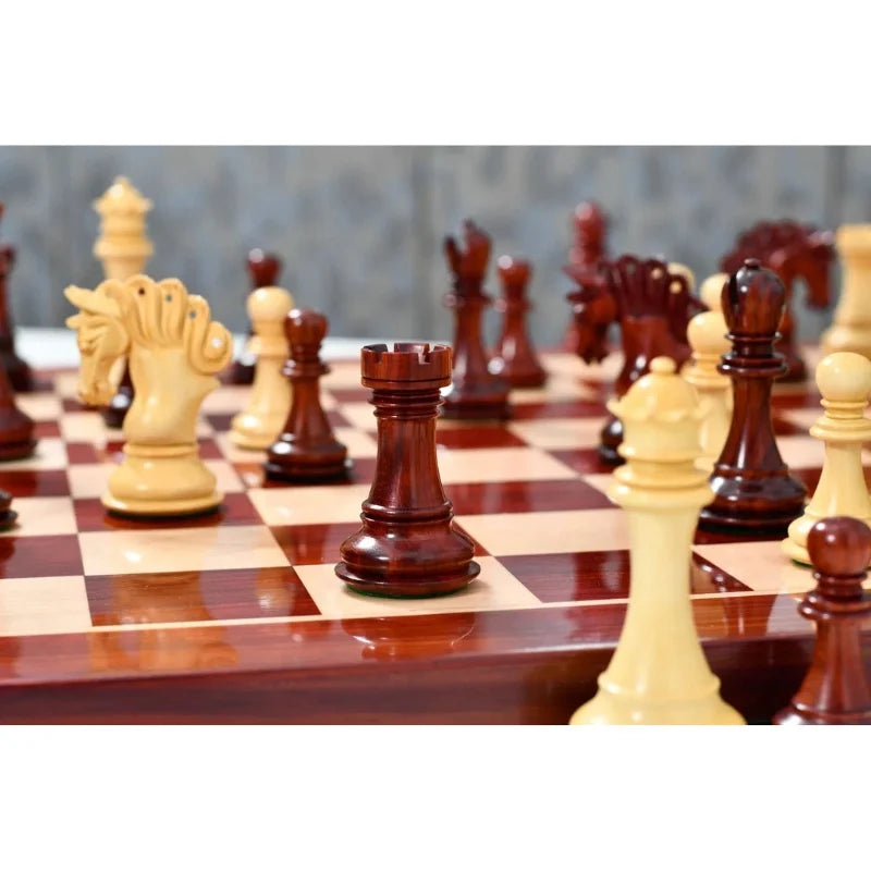 Chess Bazaar Pegasus Series Chess Set V2 (Padauk Wood/Boxwood) With 58cm Red Ash Burl & Maple Chess Board