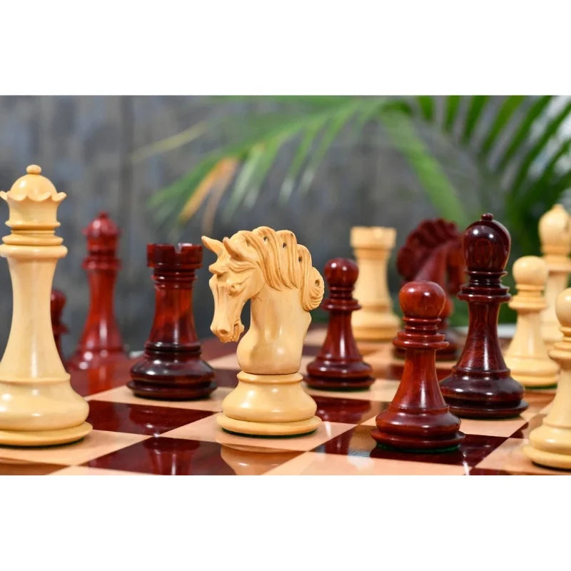 Chess Bazaar Pegasus Series Chess Set V2 (Padauk Wood/Boxwood) With 58cm Red Ash Burl & Maple Chess Board
